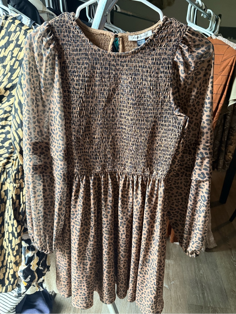 American Eagle Outfitters Brown Leopard Smocked Long-Sleeve Dress